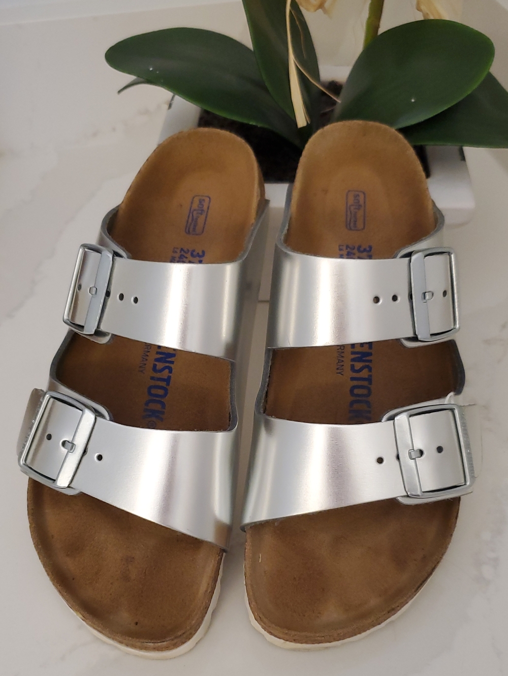 Birkenstock Arizona Silver Metallic Two-Strap Sandals